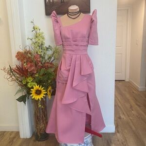 Filipiniana Pink Ruffle Maxi with Slit dress fits small to large